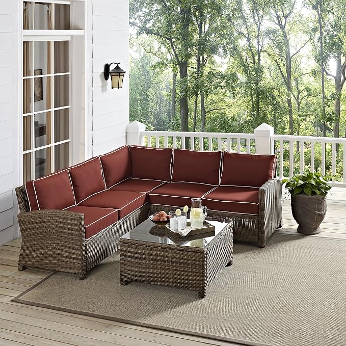 Crosley Furniture Bradenton 4-Piece Outdoor Sectional Sofa Wicker Conversation Patio Furniture Set for Deck, Brown with Sangria Cushions