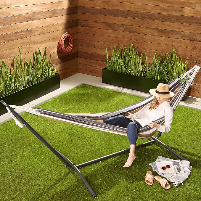 Amazon Basics Double Portable Hammock with Space Saving Steel Stand and Carrying Case, 2 Person, 470lb Capacity, Multi Color, 118" x 46" x 39"