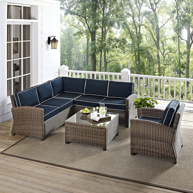 Crosley Furniture Bradenton 5-Piece Outdoor Sectional Sofa Wicker Conversation Patio Furniture Set for Deck, Brown with Navy Cushions
