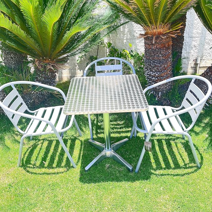 BTEXPERT Indoor Outdoor Restaurant Stainless Steel Aluminum + 3 Silver Gray Metal Slat Stack Commercial Lightweight, 3 Chairs with a 27.5" Square Table