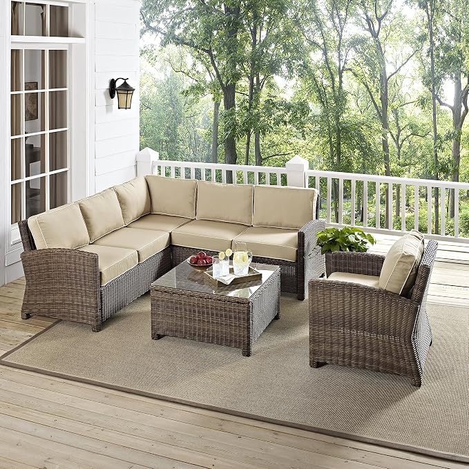 Crosley Furniture Bradenton 5-Piece Outdoor Sectional Sofa Wicker Conversation Patio Furniture Set for Deck, Brown with Sand Cushions