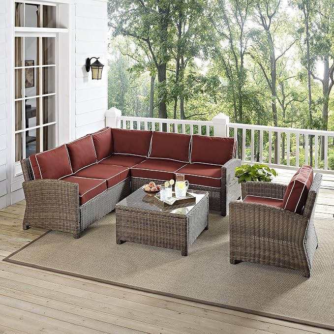 Crosley Furniture Bradenton 5-Piece Outdoor Sectional Sofa Wicker Conversation Patio Furniture Set for Deck, Brown with Sangria Cushions
